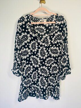 Anne Cole Womens Black & White Paisley Print Swim Cover-Up Rayon Flowy 3/4 Sleev